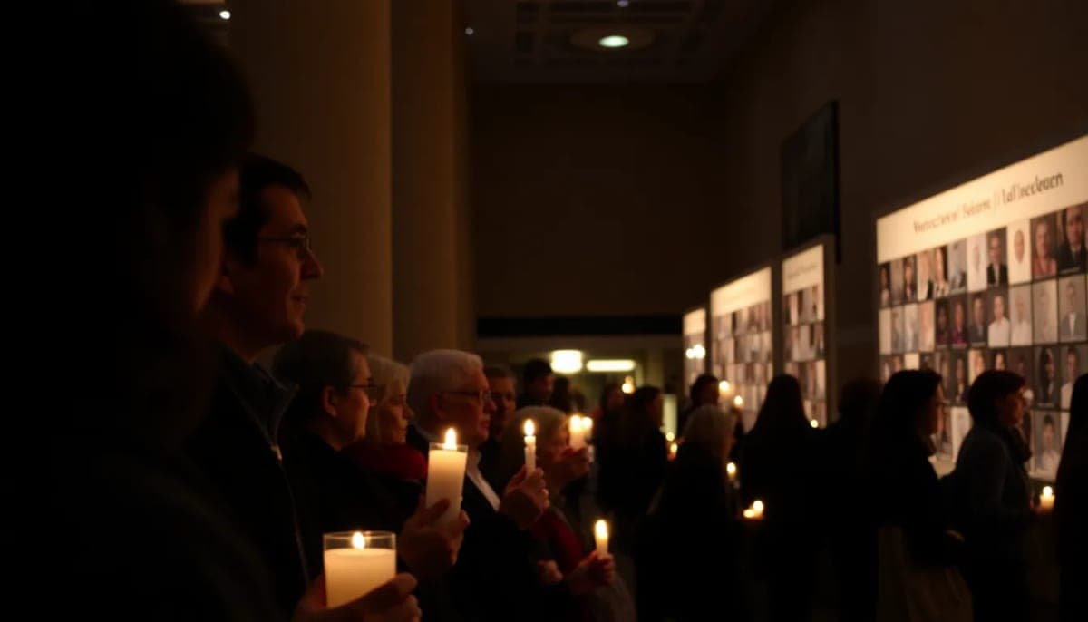 Attendees at Holocaust Remembrance Day event at Westchester County Center, lighting candles.