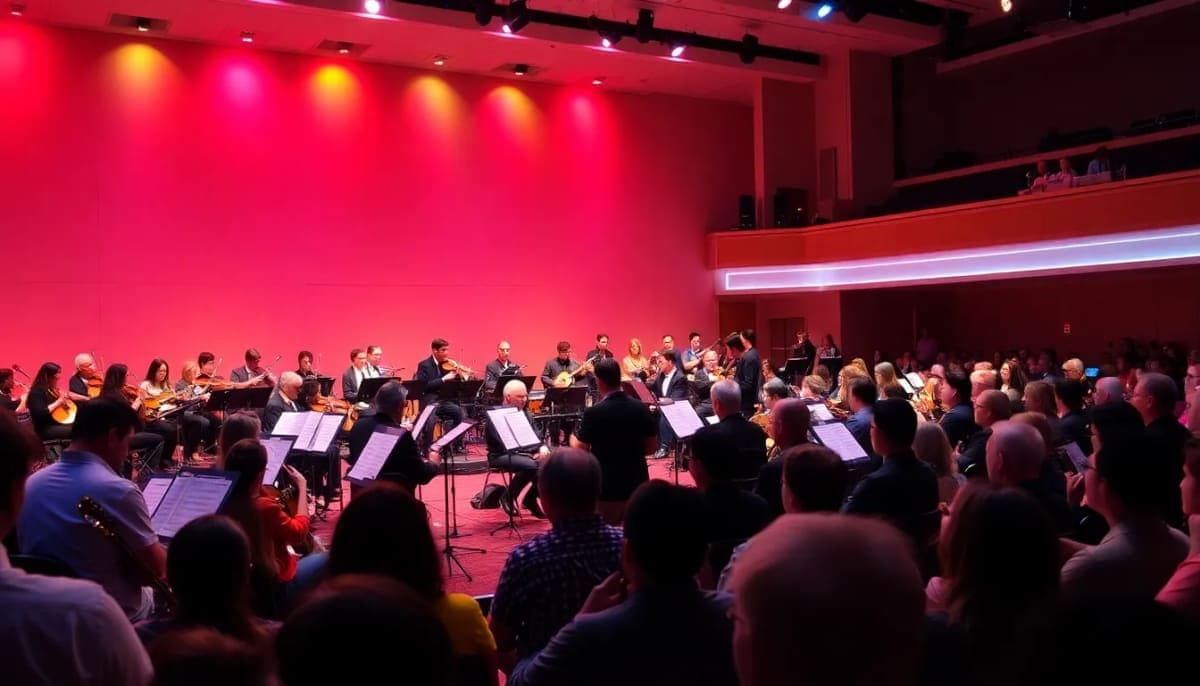 Spring concert at White Plains Performing Arts Center showcasing musicians and audience.