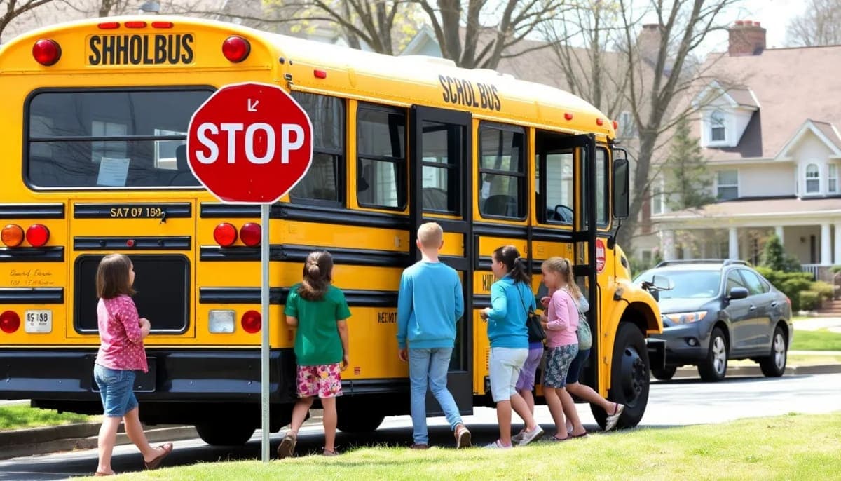 A stopped school bus with children boarding safely in Westchester County.