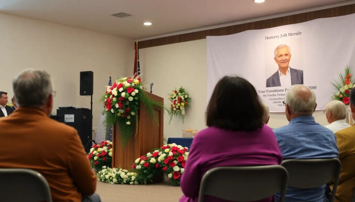 Memorial service for Jeanine Pirro with flowers, community members, and a podium.