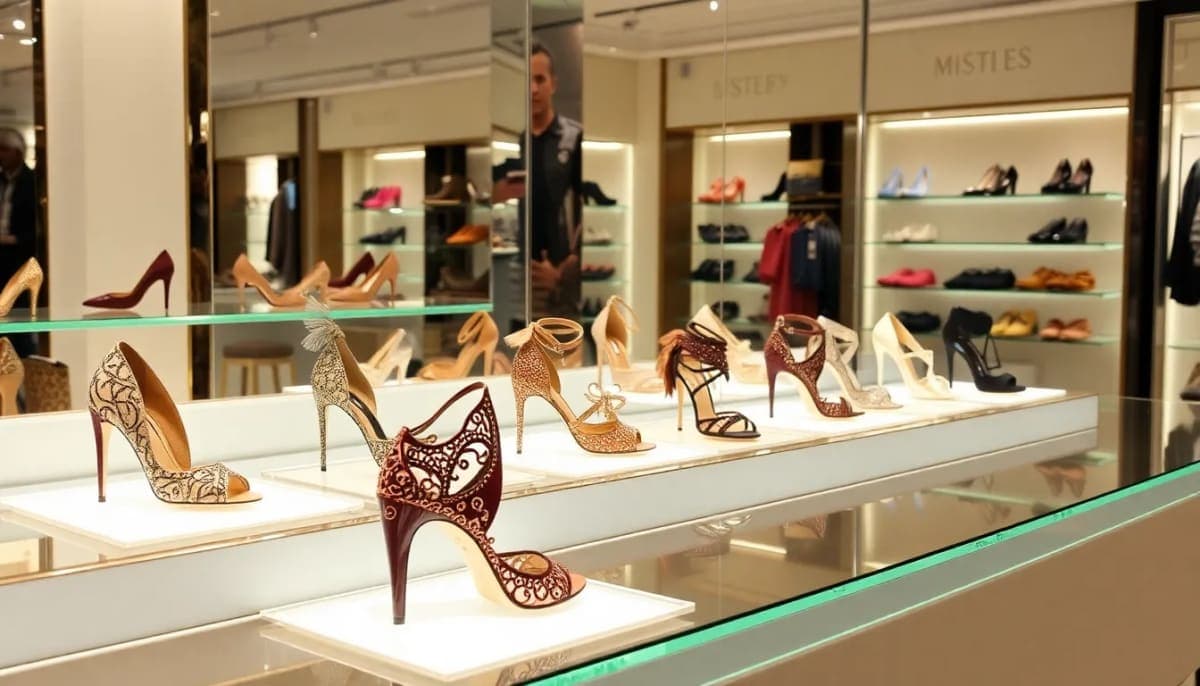 High-fashion shoe display in Westchester highlighting various styles.