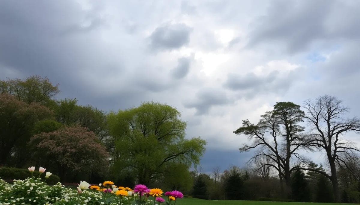 Westchester park scene with flowers and dark clouds indicating weather change.