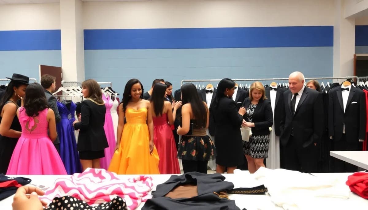 Students selecting formal wear at the Operation Prom Dress and Tux Giveaway in Westchester County.