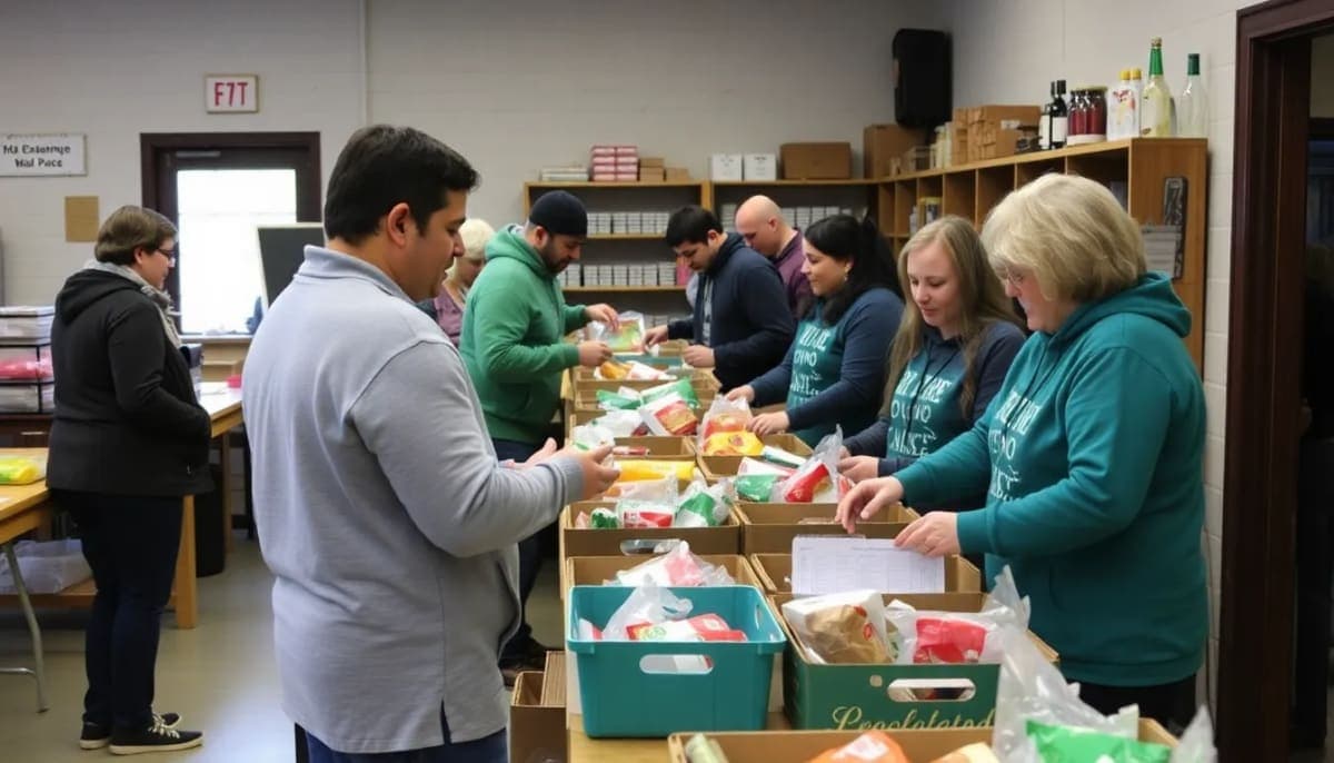 Community volunteers at a food pantry in Ossining, NY, assisting families.