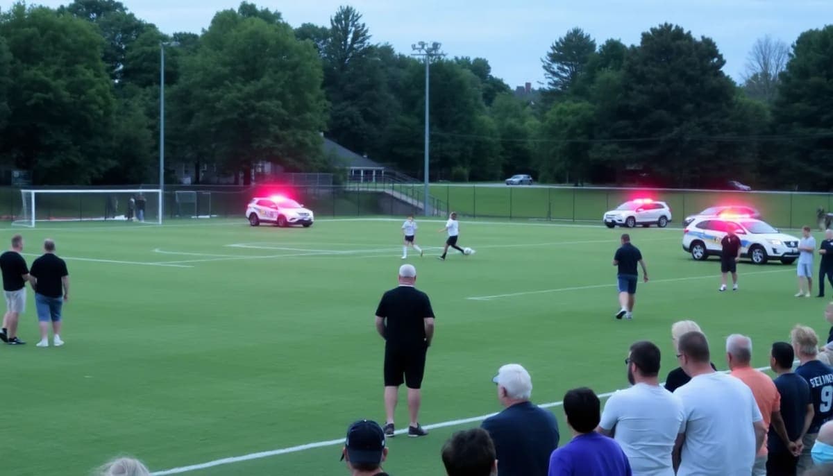 Soccer game in Poughkeepsie with police presence, illustrating community response to a recent shooting.