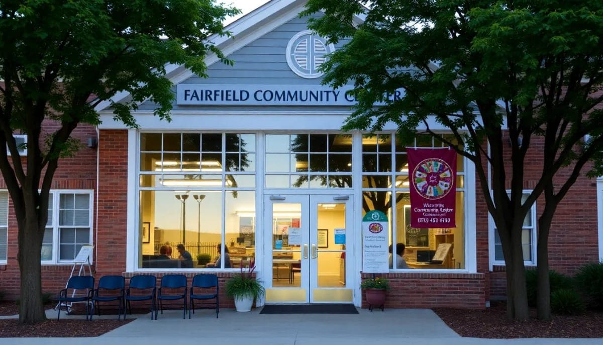 Exterior of Fairfield Community Center before an affordable housing meeting.
