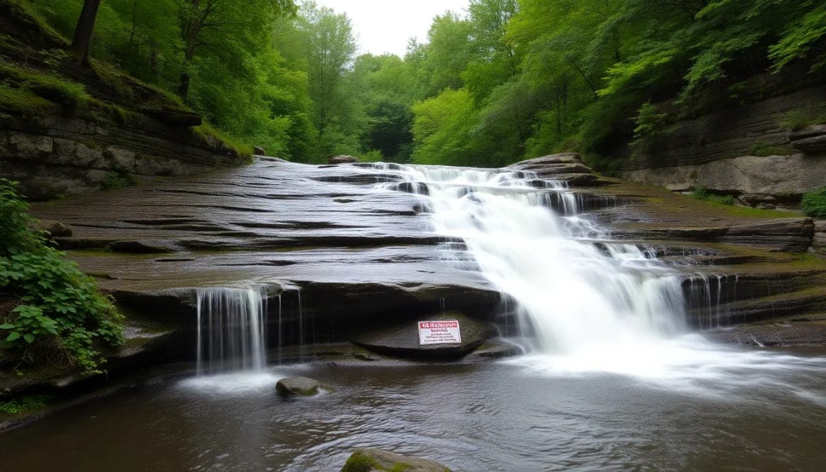 Scenic waterfall in Hudson Valley with safety warning signs about swimming.
