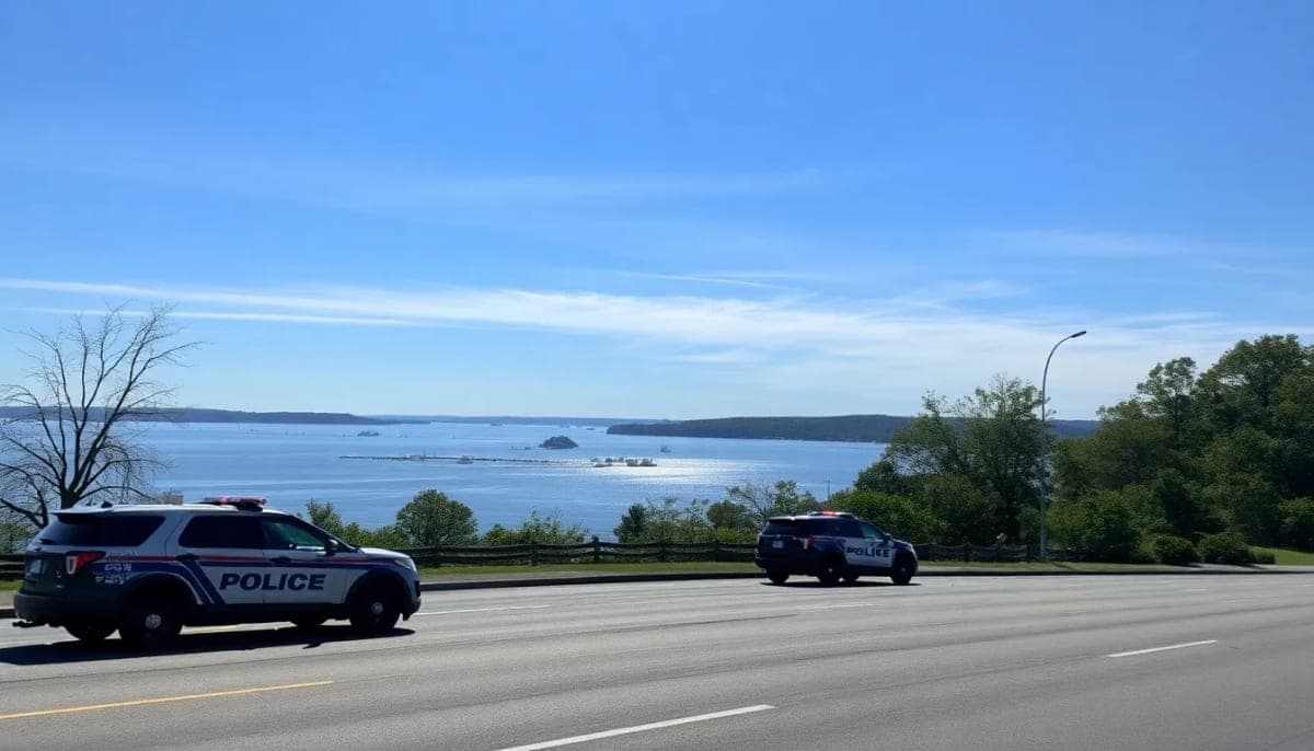 Hudson River view near police vehicles following an incident.