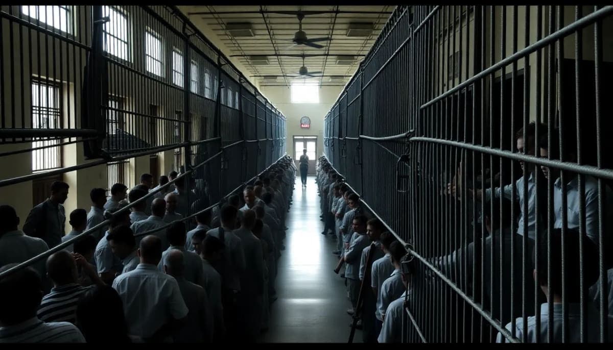 Interior of a state prison showing security measures in place.