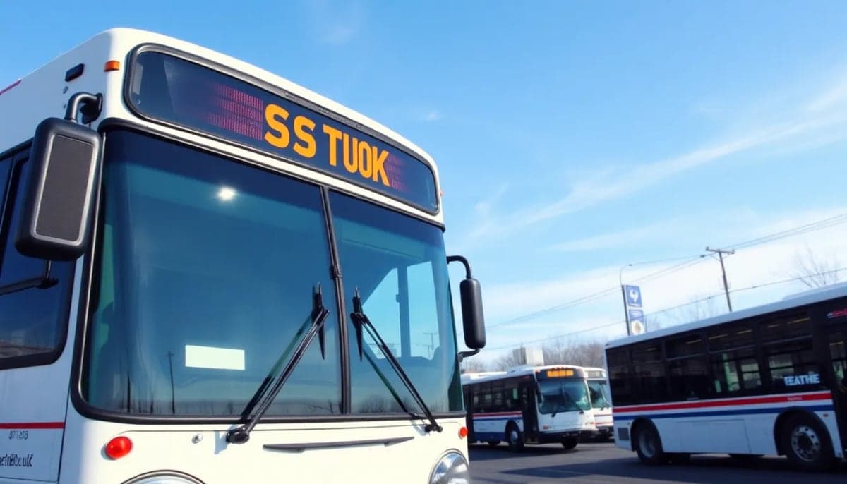 A bus depot in Yonkers, New York, with buses parked and a clear sky.