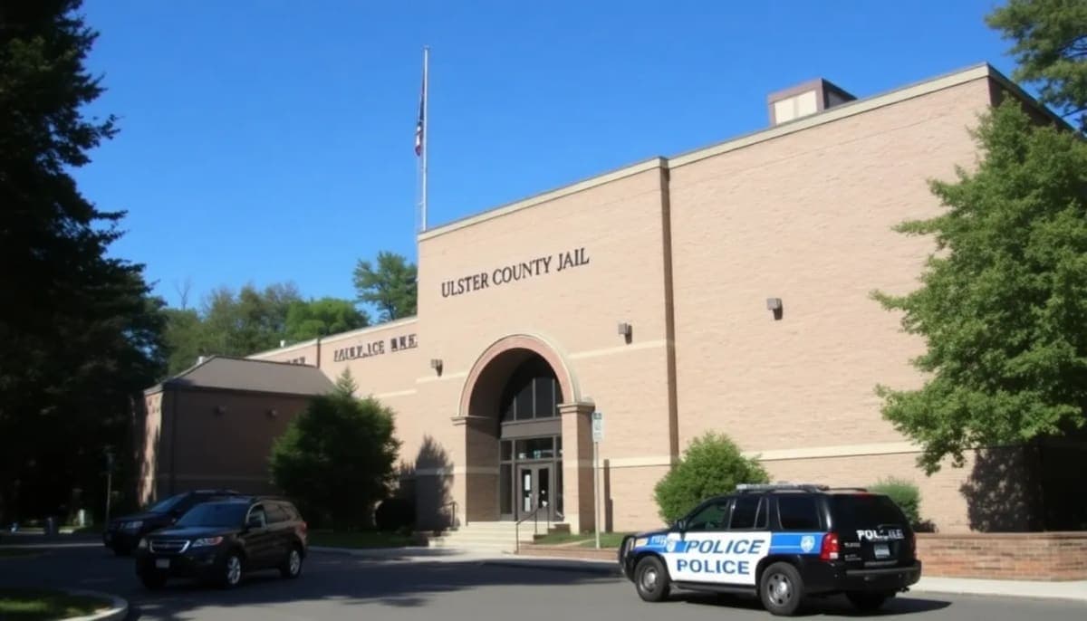 Ulster County Jail building with trees and police vehicles
