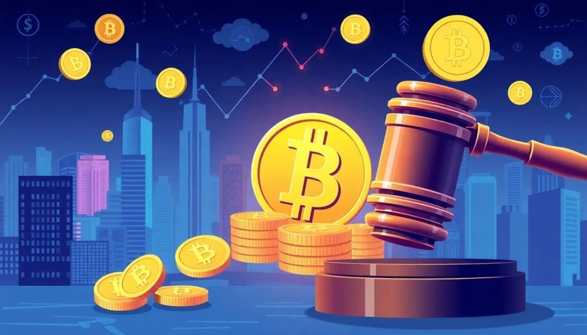 Illustration of cryptocurrency trading with a New York state theme.