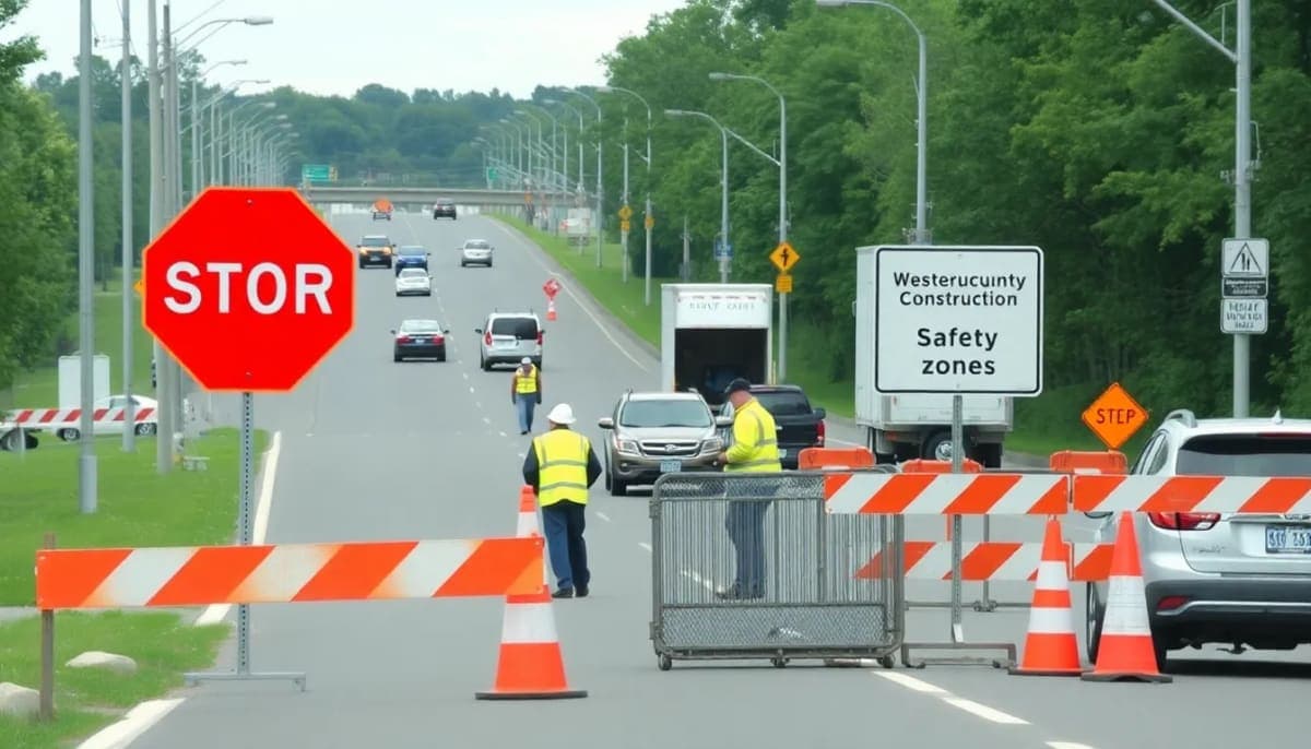 Construction zone in Westchester County with workers and safety signs.