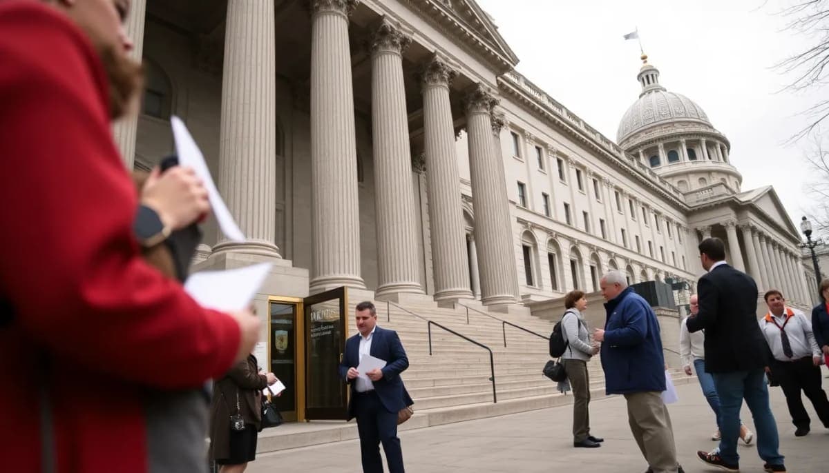 New York State Capitol with people discussing lobbying activities outside.