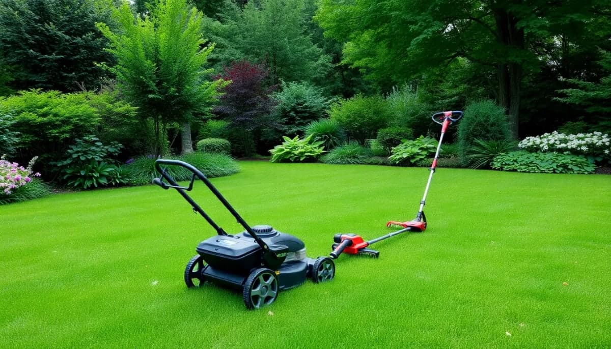 Electric lawn equipment being used in a Westchester yard to promote sustainability.