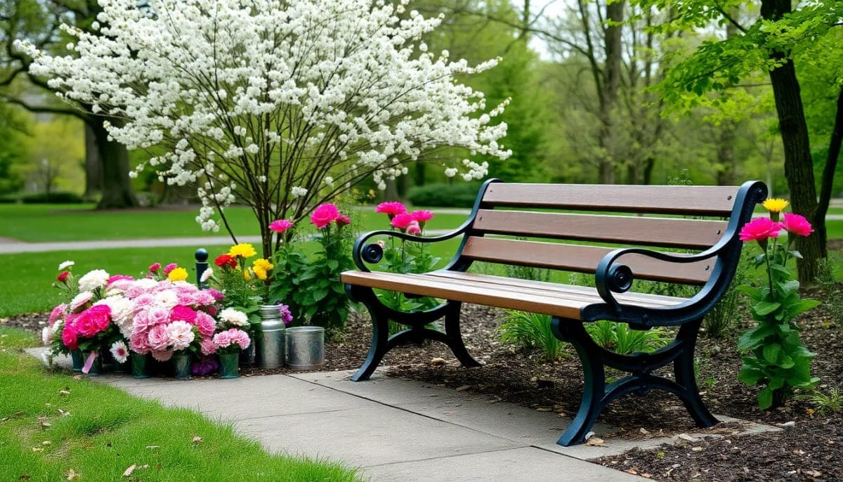Peaceful Westchester park depicting remembrance and legacy with blooming flowers.
