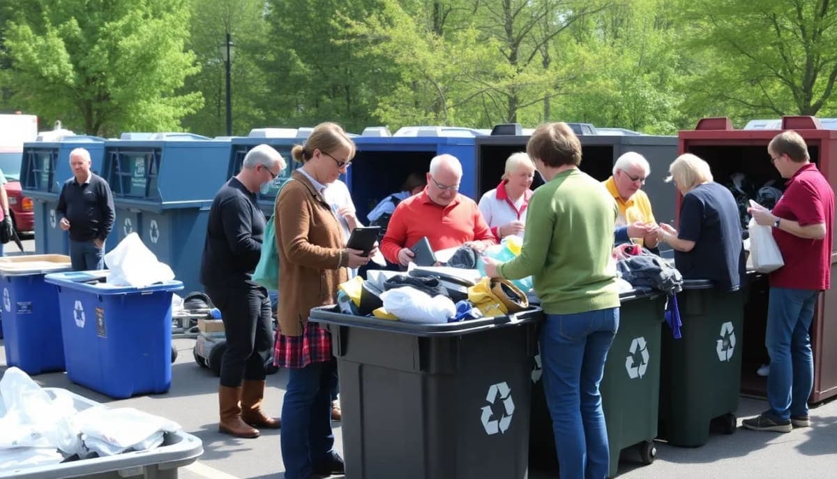 Residents participate in a recycling event in Valhalla, NY, with various recycling bins visible.