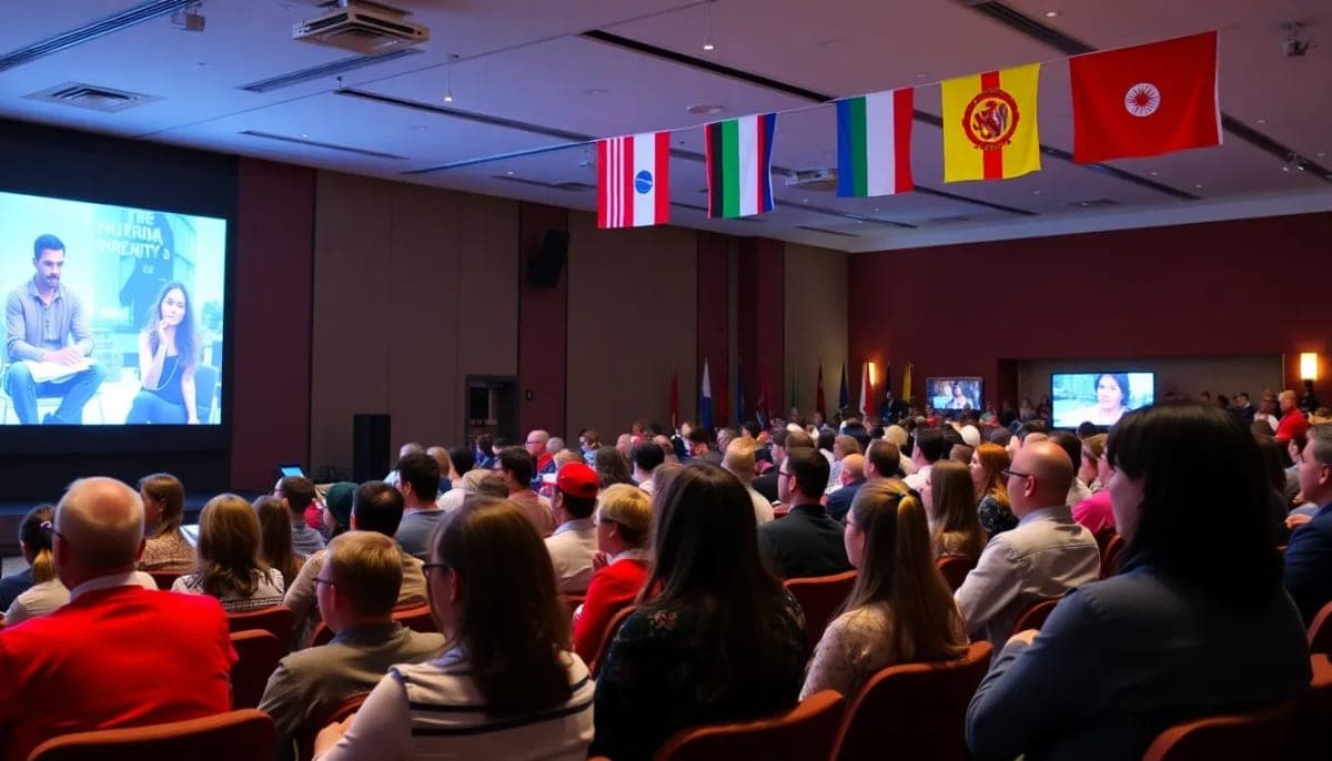 Audience at Mercy University's film festival enjoying global cinema.