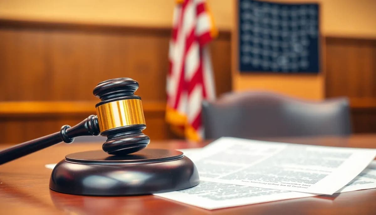 Courtroom scene with gavel and legal documents representing a fraud case.
