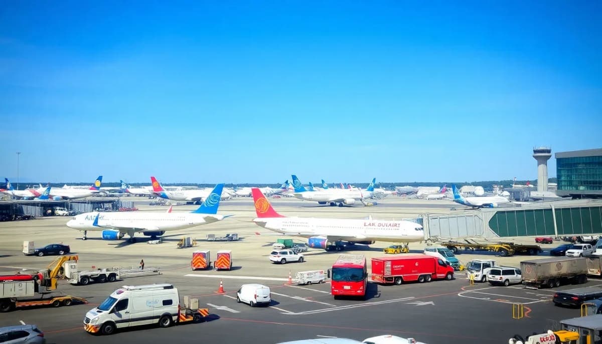 LaGuardia Airport tarmac with planes taxiing, highlighting air travel safety concerns.