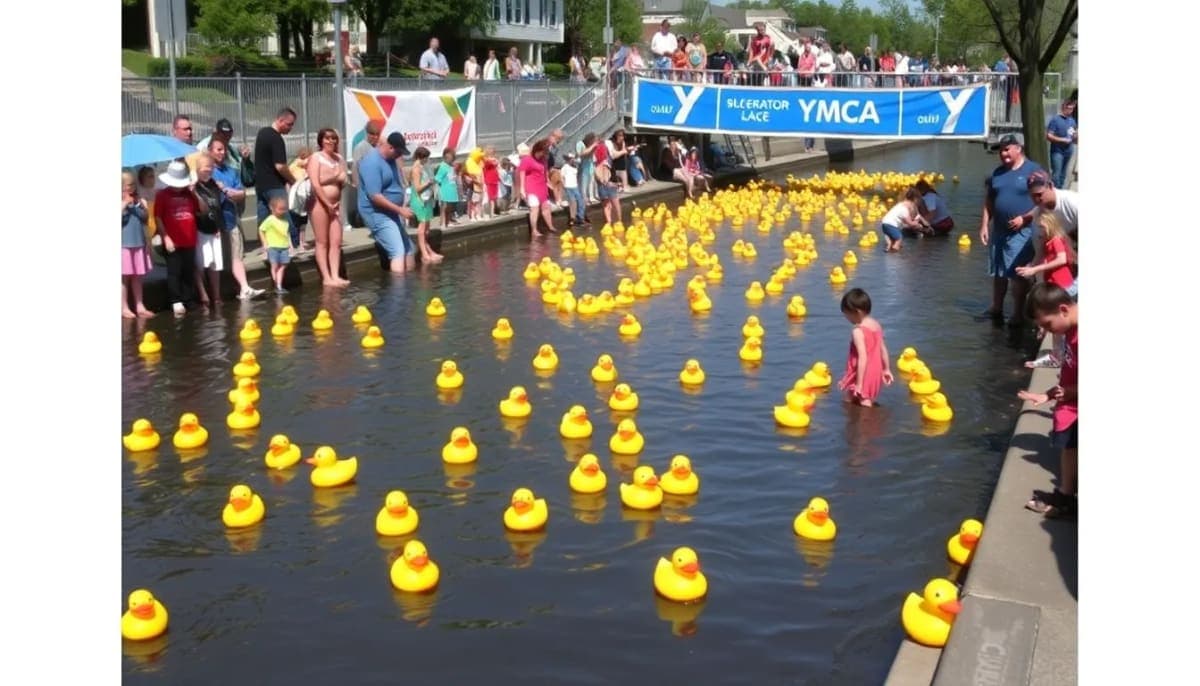 Families enjoy a rubber duck race on a sunny day by the river.