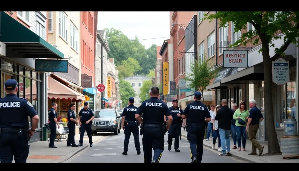 Westchester street with police officers and local businesses visible, highlighting community safety.